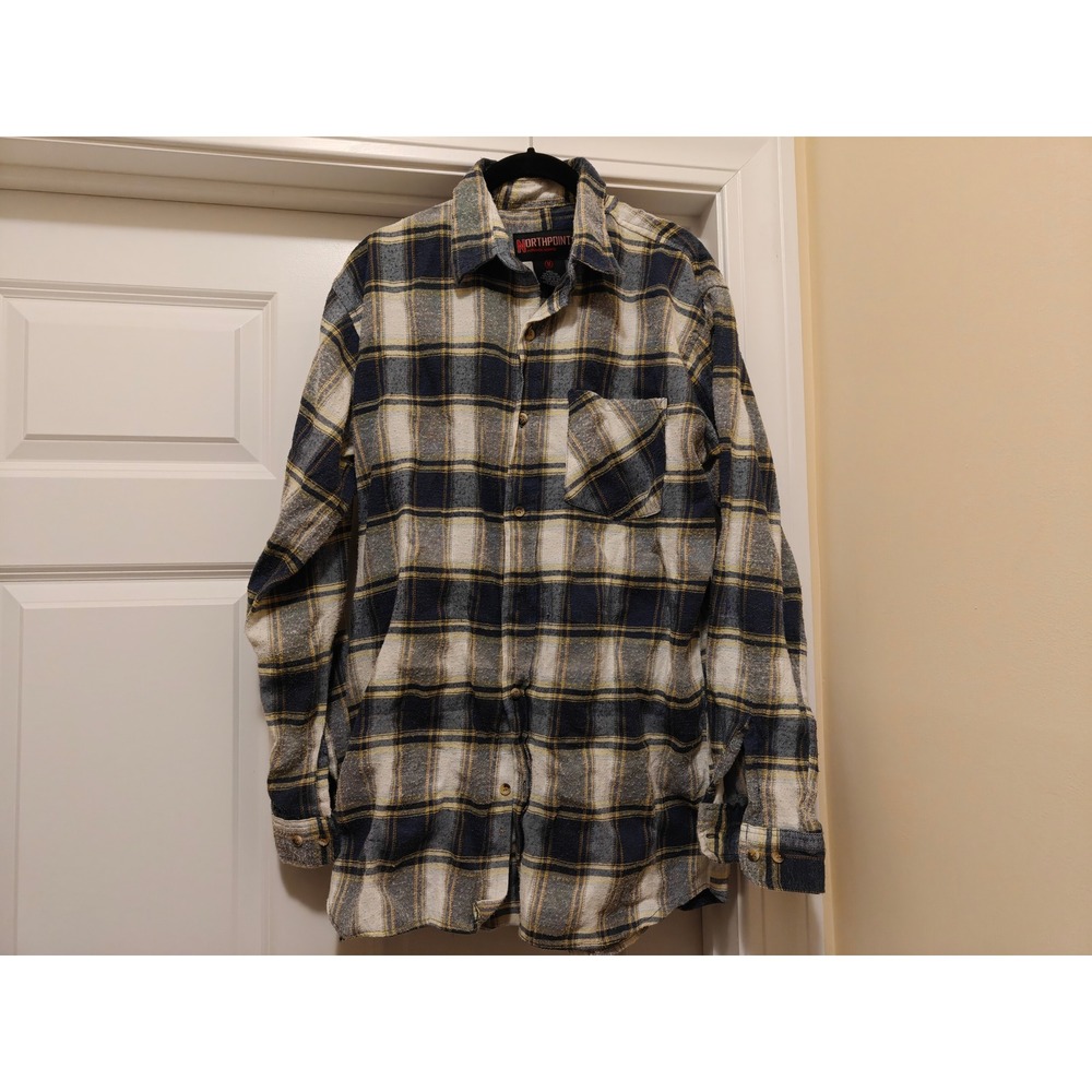 Northpoint Mens Flannel Shirt Medium Blue White Yellow Plaid Button Down Long